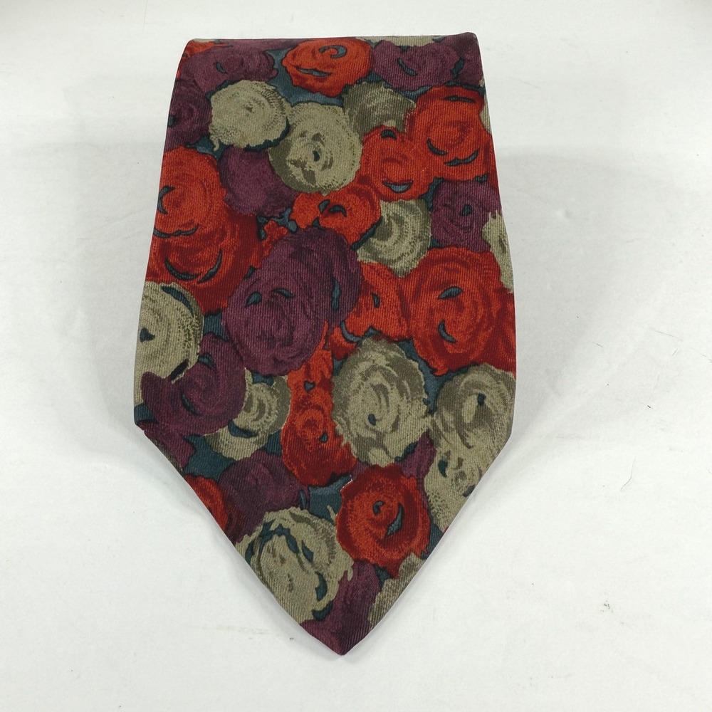 Vintage Perry Ellis Portfolio Red Purple Taupe Floral‎ Italian Silk Tie 55.75"